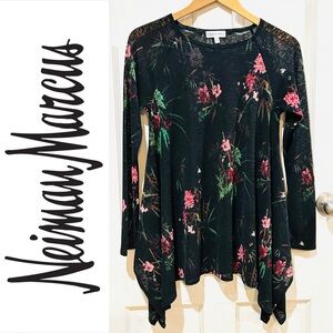 Neiman Marcus Black Floral Semi-Sheer Tunic Top Boho Witchy Goth Festival Size S